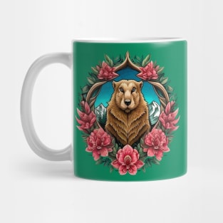 Olympic Marmot Surrounded By A Wreath Of Rhododendron Tattoo Style Art Mug